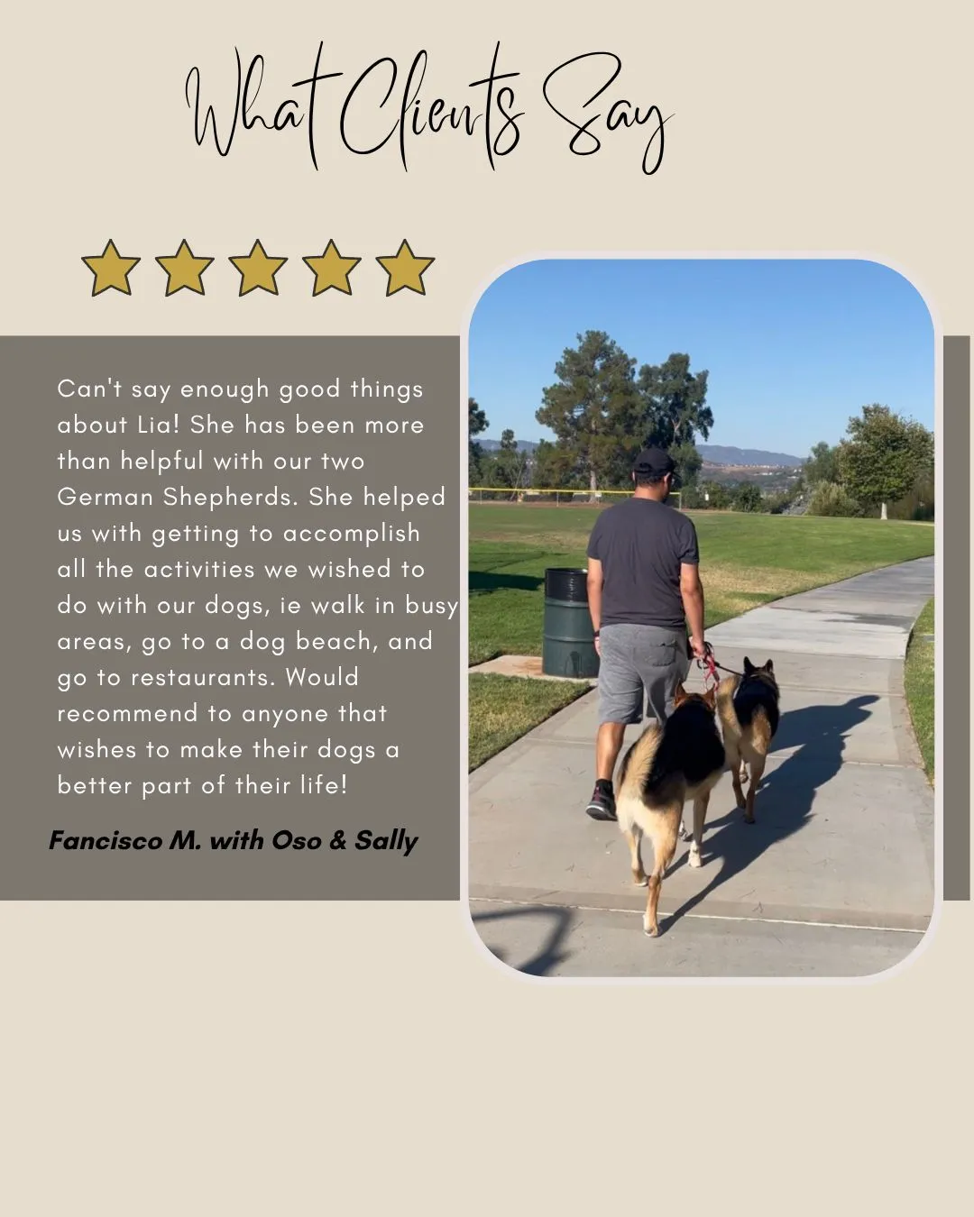 German Shepherd dog training testimonial with Oso and Sally